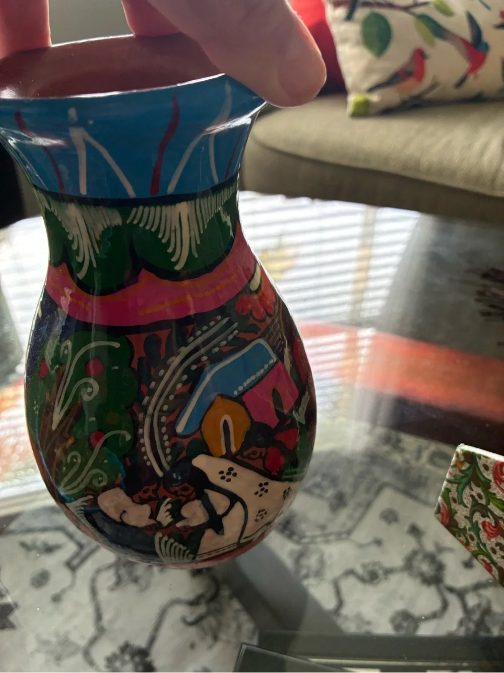 Mexican Hand-Painted Multicolor Decorative Vase - Blue Accent